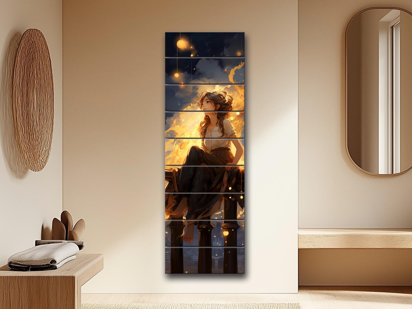 Dreamy Woman Painting | Natural Wood Print - Fantasy Wall Art with Warm Golden Tones