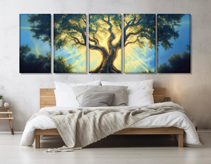 Abstract Glowing Tree Canvas Print, Fantasy Tree Painting, Meditation Wall Art, Large Tree in Sun Lights Poster, Framed and Ready to Hang