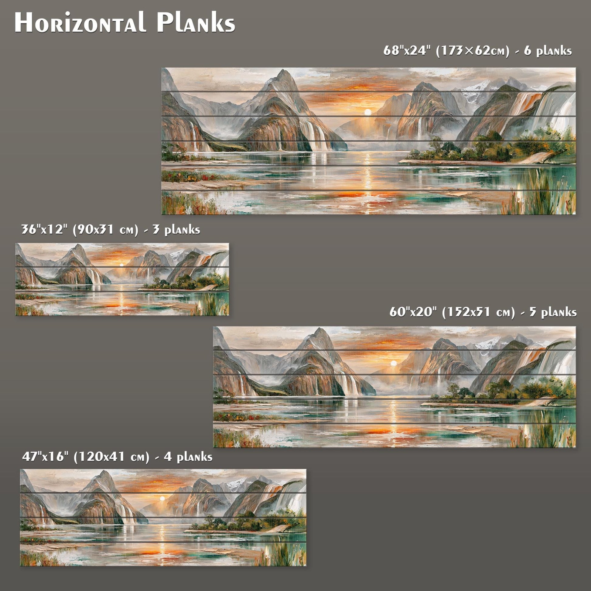 four different sizes of horizontal planks, each depicting a scenic landscape with mountains, water, and a sunset. The planks vary in size, ranging from 60 inches to 1725 inches, and are arranged in a grid-like pattern.