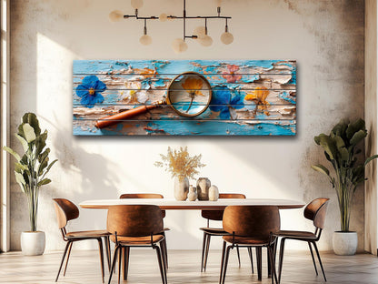 Pressed Flowers Wood Print – Rustic Nature Art on Blue Peeling Paint Wood Planks