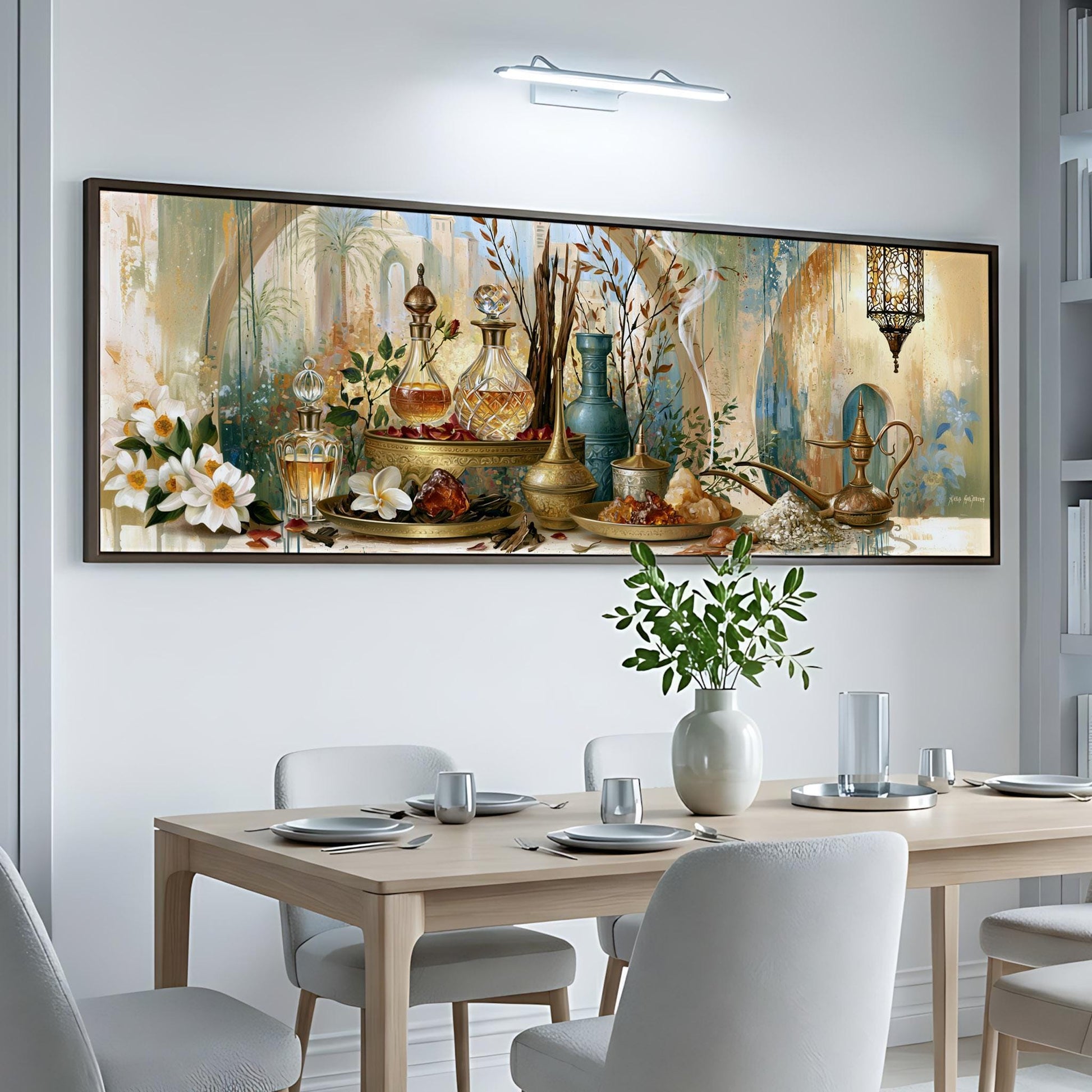 a large, colorful painting of various objects, including vases, bottles, and flowers, displayed on a wall above a dining table with chairs.