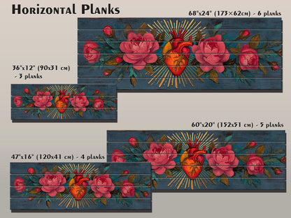 Sacred Heart Wall Art – Handcrafted Wood Wall Decor | Blooming Roses Print