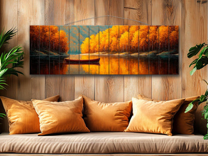 Wood Wall Art – Tranquil Lake Canoe Print on Natural Wood with Rustic Autumn Landscape