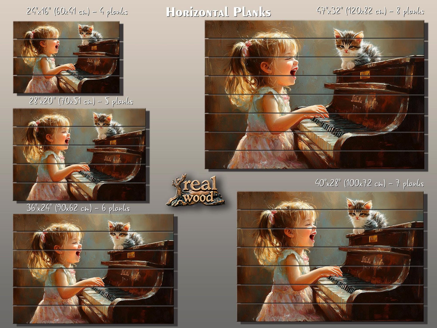 Wooden Piano Wall Art – Happy Girl Playing Piano Print on Natural Wood Plank