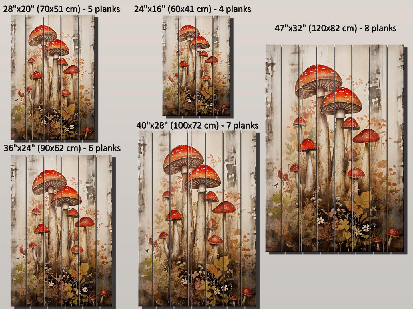 Rustic Wood Wall Art – Mushroom Garden Print on Natural Wood Planks