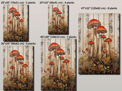 Rustic Wood Wall Art – Mushroom Garden Print on Natural Wood Planks