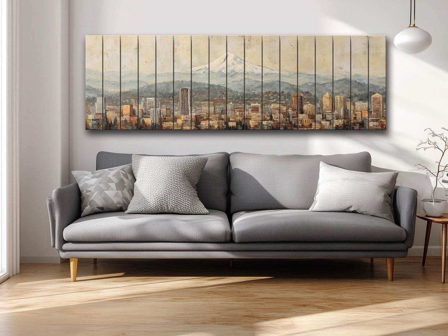 Portland Skyline Wood Print – Rustic Wood Art with Mount Hood Beige Cityscape