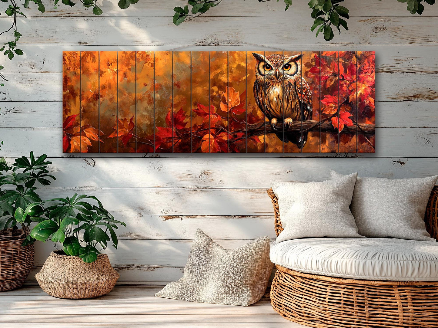 Rustic Wood Wall Art – Autumn Owl Painting on Linden Planks with Vibrant Fall Leaves