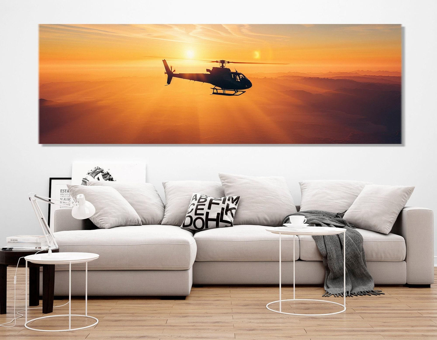 Helicopter Canvas Print – Aviation Wall Art | Framed Panoramic Sunset Artwork