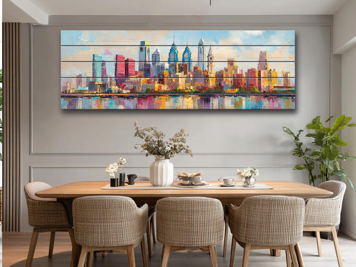Philadelphia Skyline with Liberty Bell Wood Print – Rustic Wall Art, Bright City Painting on Distressed Wood, Farmhouse Wall Decor
