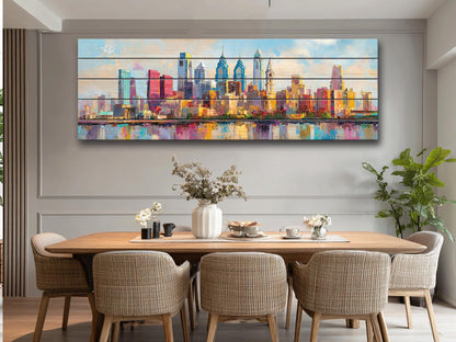 Philadelphia Skyline with Liberty Bell Wood Print – Rustic Wall Art, Bright City Painting on Distressed Wood, Farmhouse Wall Decor