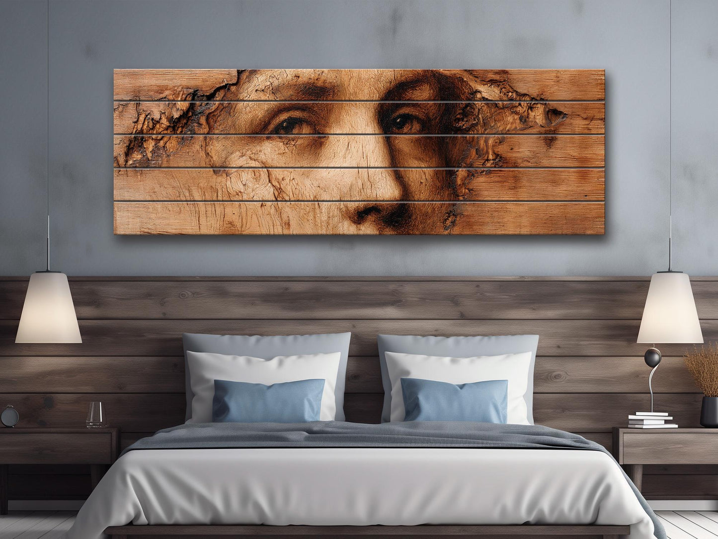 Burned Face Wood Print – Rustic Wood Art | Textured Wall Decor, Abstract Portrait