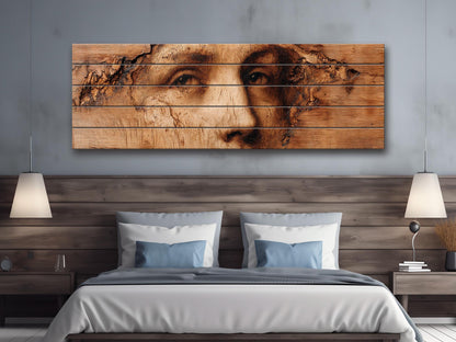 Burned Face Wood Print – Rustic Wood Art | Textured Wall Decor, Abstract Portrait