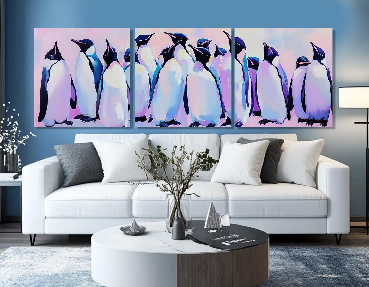 Penguin Family Canvas Print – Large Framed Penguins Painting Art on Cotton Canvas