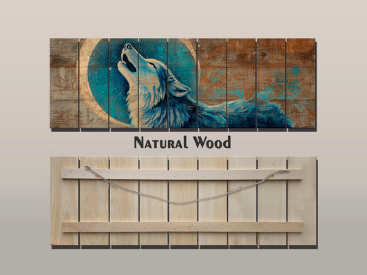 Wood Wall Art - Mystical Wolf Howling on Full Moon Print on Natural Wood, Howling Wolf Painting, Native American Wall Decor, Rustic Wolf Art