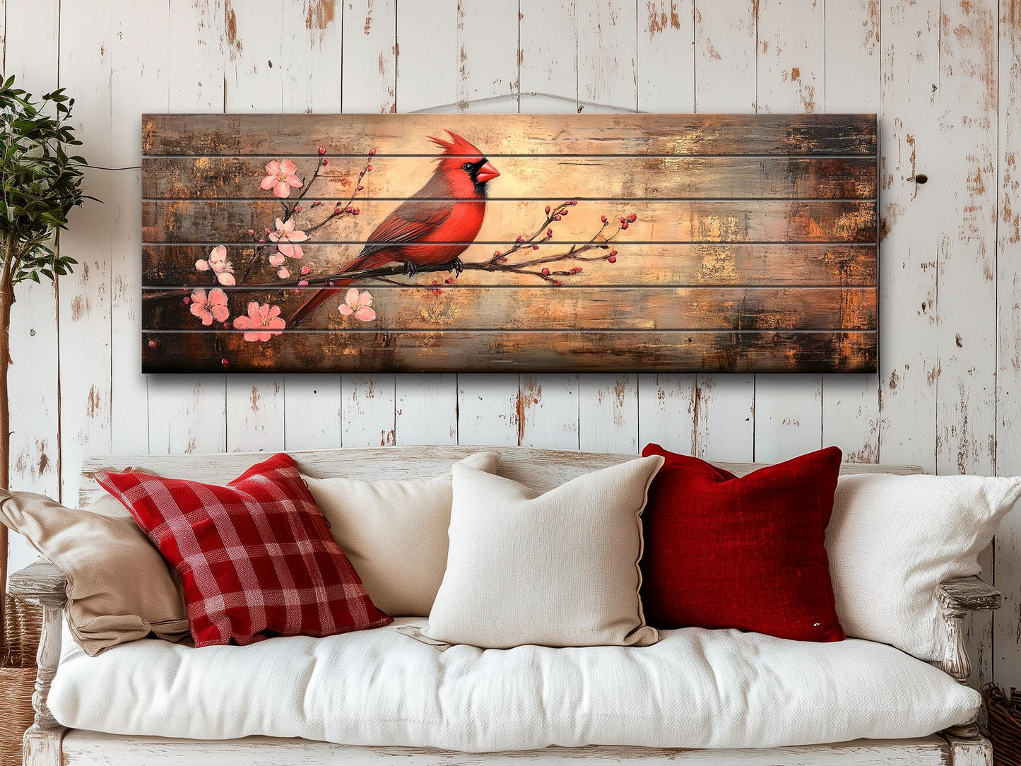 Cardinal Wood Wall Art – Rustic Red Cardinal Painting on Natural Wood Print
