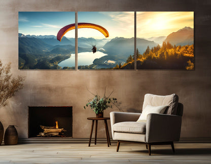 Skydiving Wall Art – Parachute Canvas Print Over Lake Panorama | Ready to Hang Decor