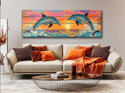 Playful Dolphins Jumping at Sunset Print on Natural Wood, Dolphins Wall Art, Wood Wall Art, Dolphins Painting, Romantic Bedroom Wall Decor