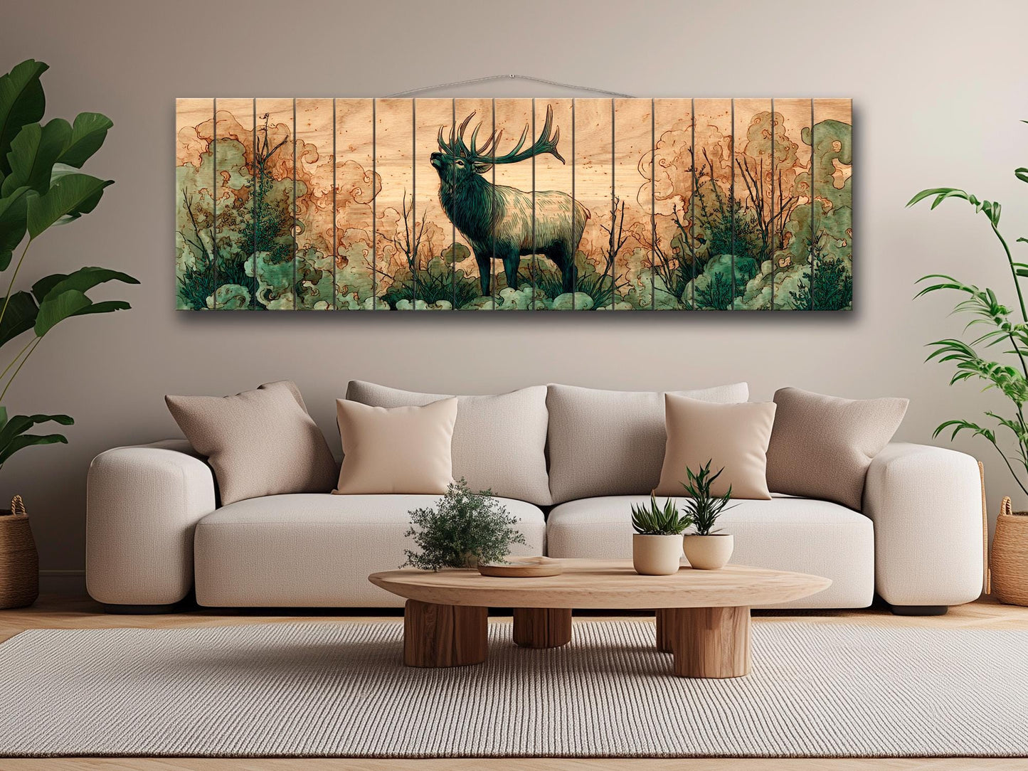 Elk Print On Wood – Rustic Wood Art With Misty Forest Wall Painting & Wildlife Decor