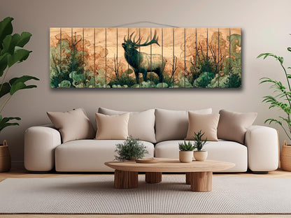 Elk Print On Wood – Rustic Wood Art With Misty Forest Wall Painting & Wildlife Decor