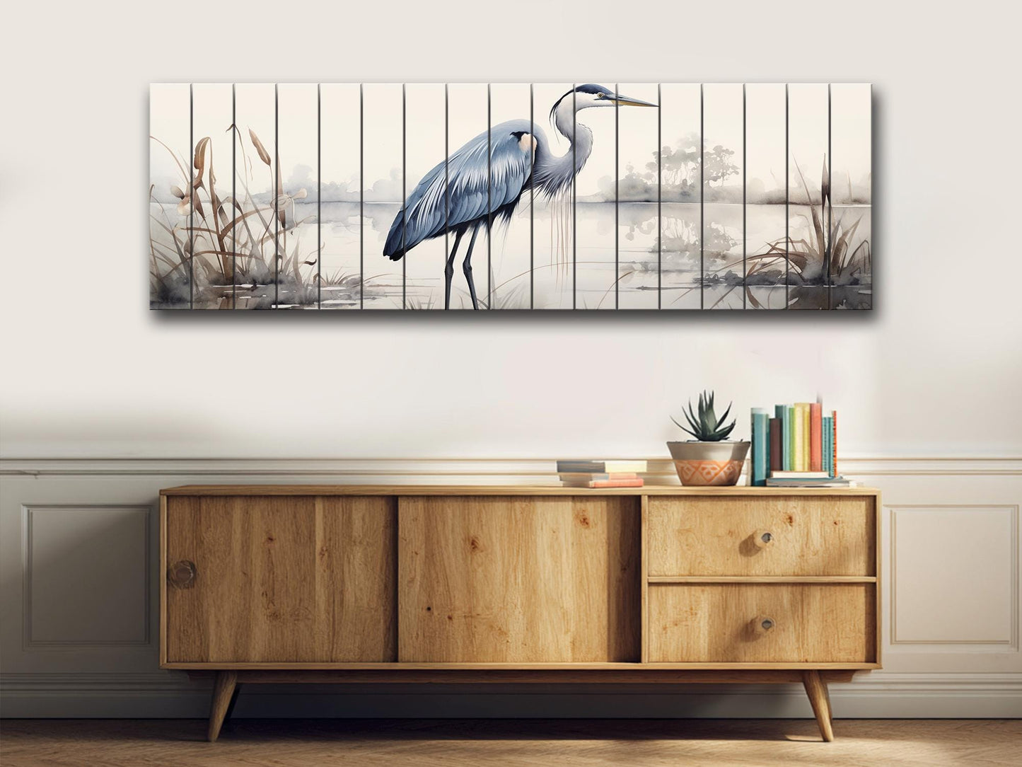 Rustic Heron Wall Art – Wooden Bird Print on Natural Wood Plank Artwork