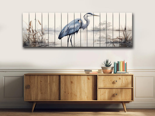 Rustic Heron Wall Art – Wooden Bird Print on Natural Wood Plank Artwork