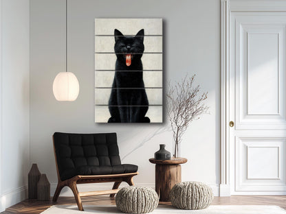Black Cat Wall Art – Minimalist Cat Print On Wood | Rustic Wooden Decor