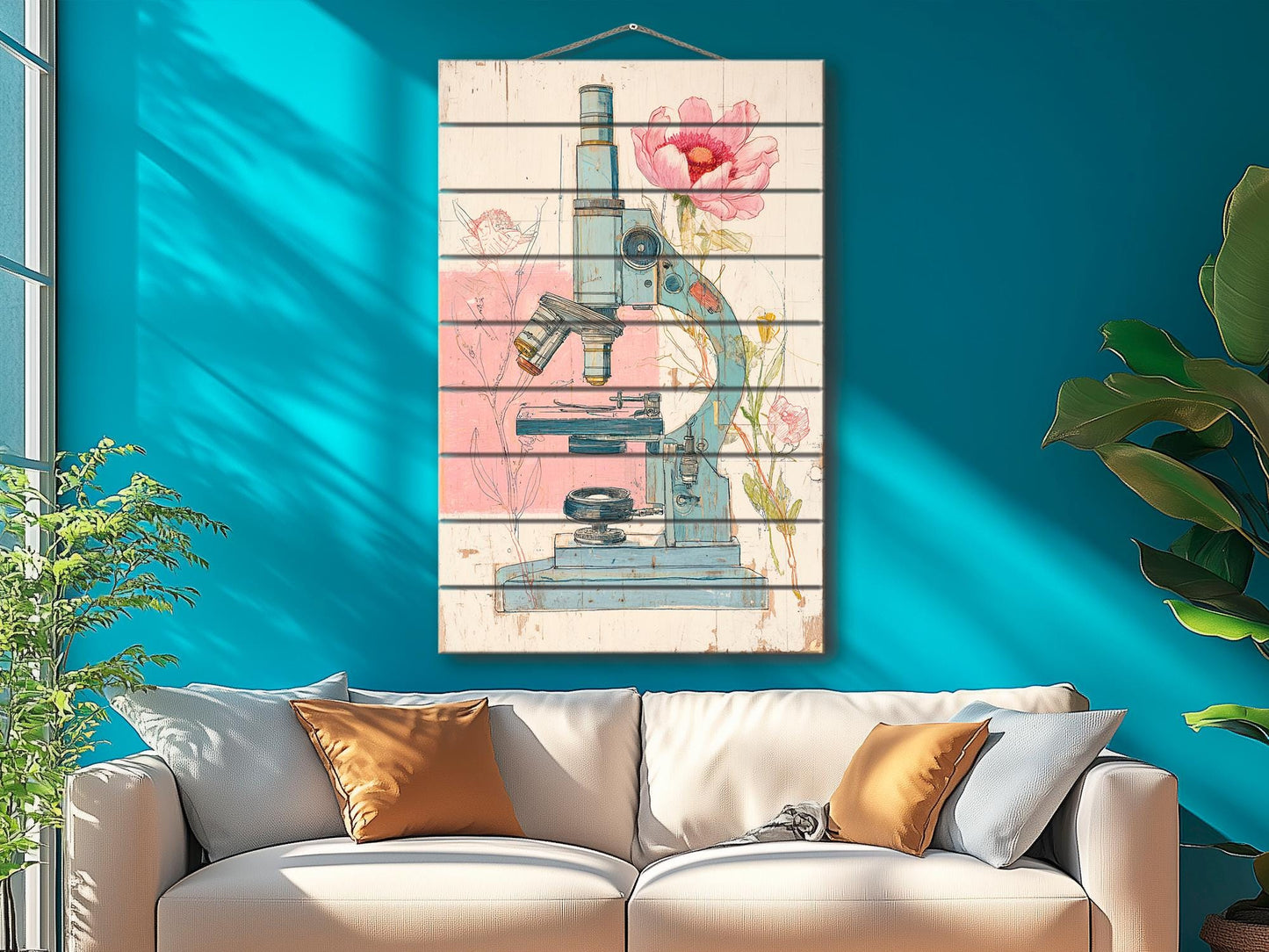 Rustic Wood Wall Art – Floral Microscope Print | Science Wall Decor On Wood Panel