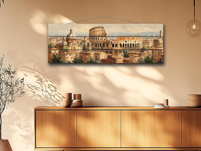 Rome Skyline Wood Print – Rustic Wood Art | Colosseum Painting Beige Wall Decor