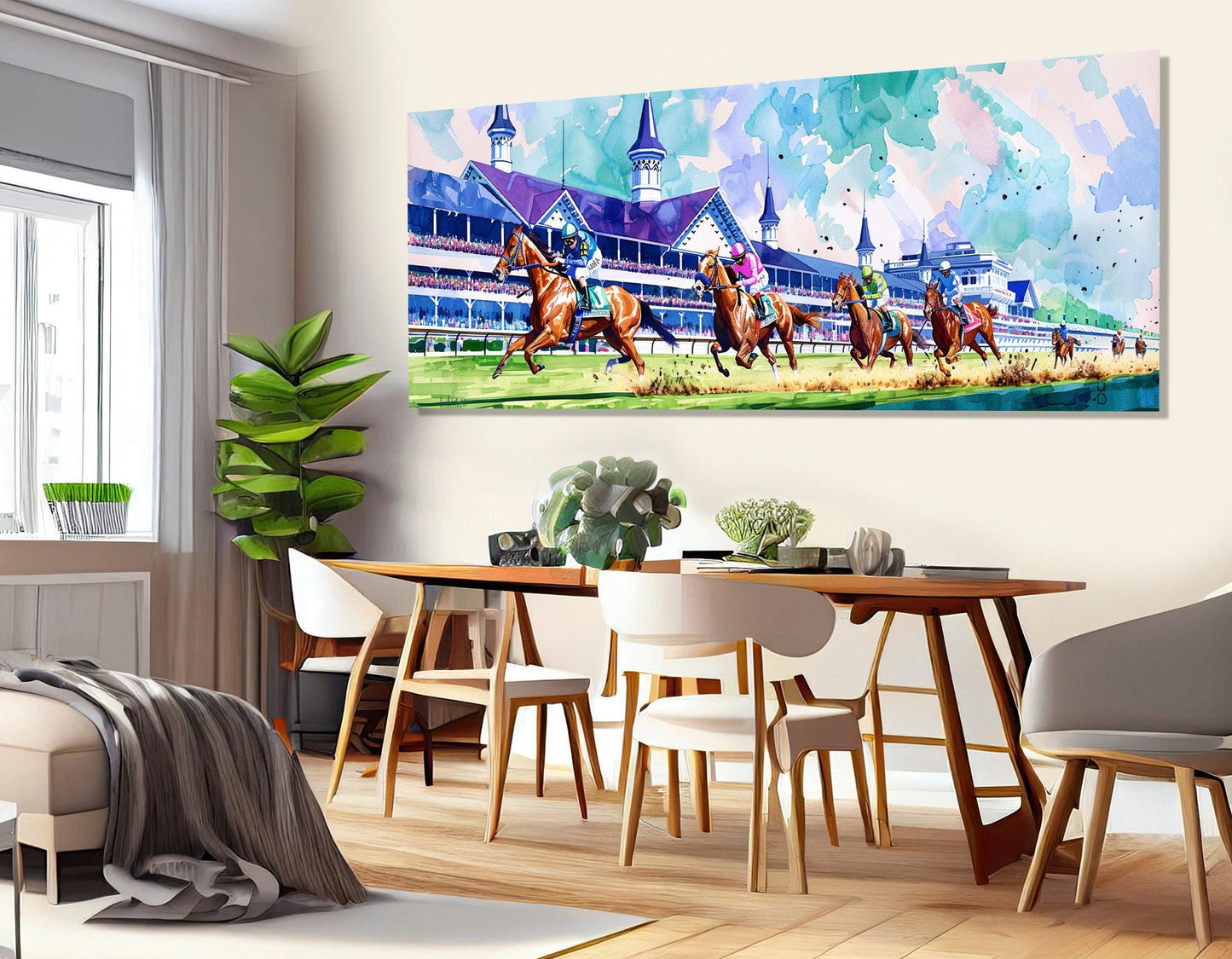 Horse Racing Wall Art – Abstract Horse Painting on Gallery Wrapped Canvas with Floating Frame
