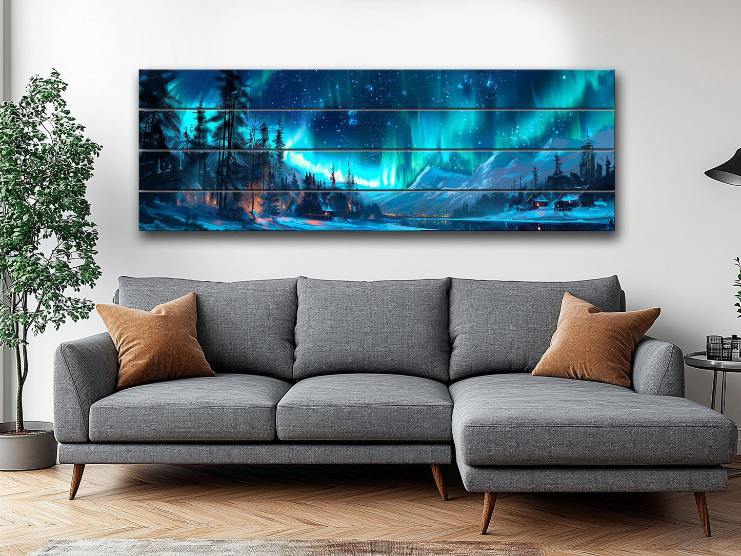 Northern Lights Wall Art – Aurora Borealis Wooden Print on Natural Wood Decor