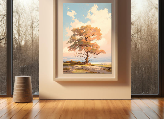 Oak Tree Canvas Art – Abstract Nature Print | Scenic Sunset Painting, Framed Canvas