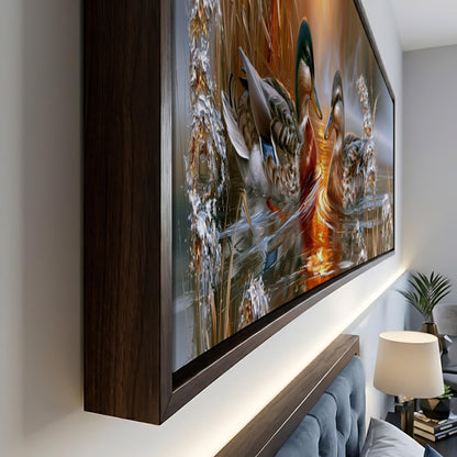 a large, framed painting of ducks swimming in a pond, with a warm, golden glow from the sun reflecting on the water.