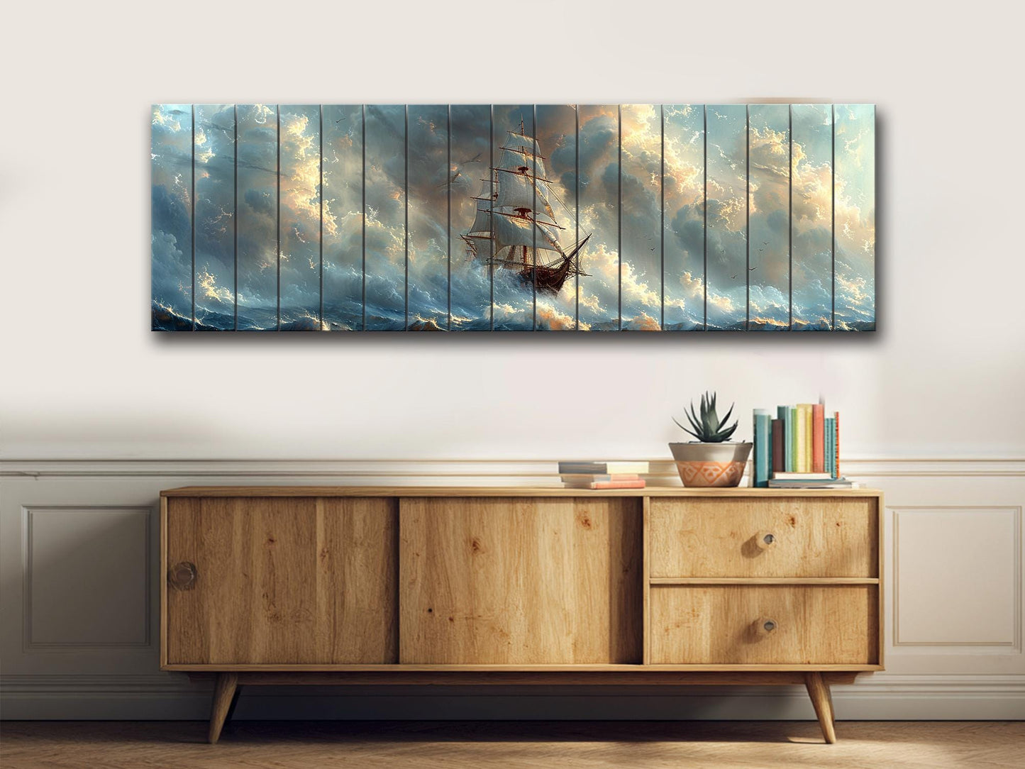 Wood Wall Art – Vintage Sailing Boat Stormy Sea Painting on Natural Wood Planks