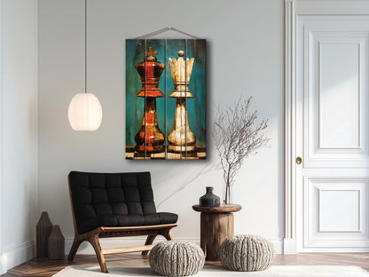 King Queen Chess Art - Rustic Wooden Chess Print On Natural Wood, Ready To Hang