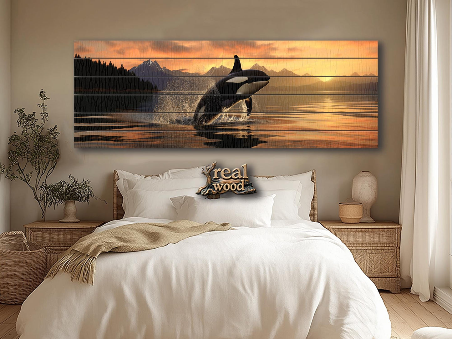 Orca Wall Art – Large Abstract Orca Jump Painting | Natural Wood Print Decor