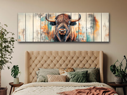 Rustic Wood Wall Art - Bison Print on Wood, Abstract Bison Portrait, Bison Wall Art, Farmhouse Wall Decor, Bison Painting, Bison in Interior
