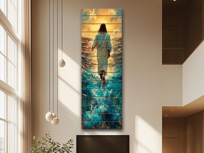 Wood Wall Art – Jesus Walking on Water Print on Natural Wood – Christian Rustic Print – Religious Wall Art, Biblical Wall Decor
