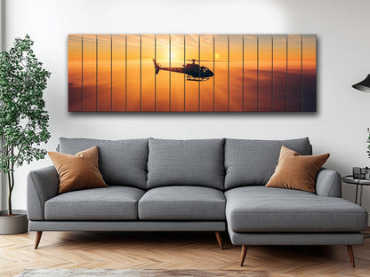 Helicopter Wall Art - Sunset Helicopter Print on Natural Wood | Ready to Hang Rustic Decor