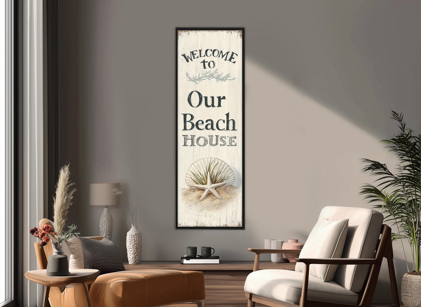 Beach House Wall Decor – Welcome Beach House Sign on Durable Cotton Canvas, Ready to Hang