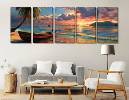 Beach Sunset Canvas Print – Vintage Boat Wall Art | Framed Canvas Art, Ready to Hang