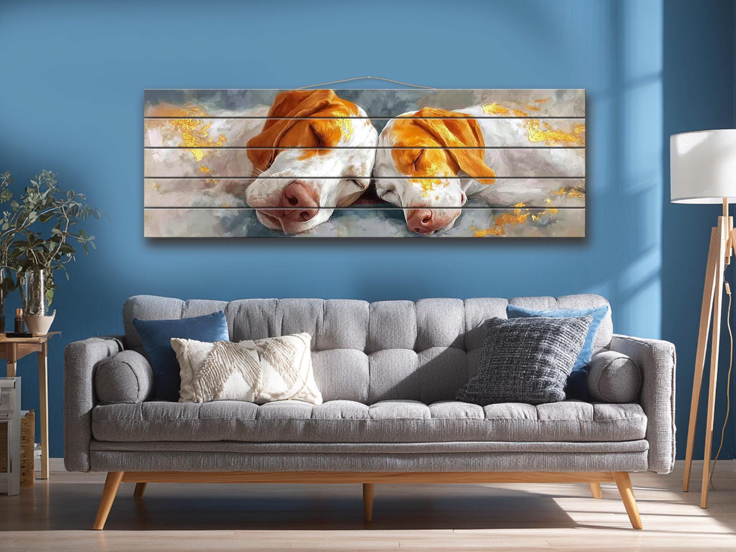 Sleeping Hounds Print on Natural Wood, Romantic Bedroom Decor, Rustic Pet Wall Art