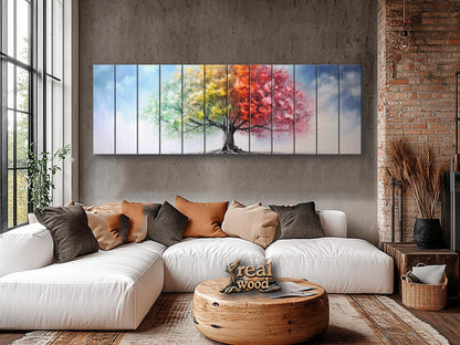 Wood Wall Art – Four Season Tree Print | Colorful Wood Art on Wooden Plank