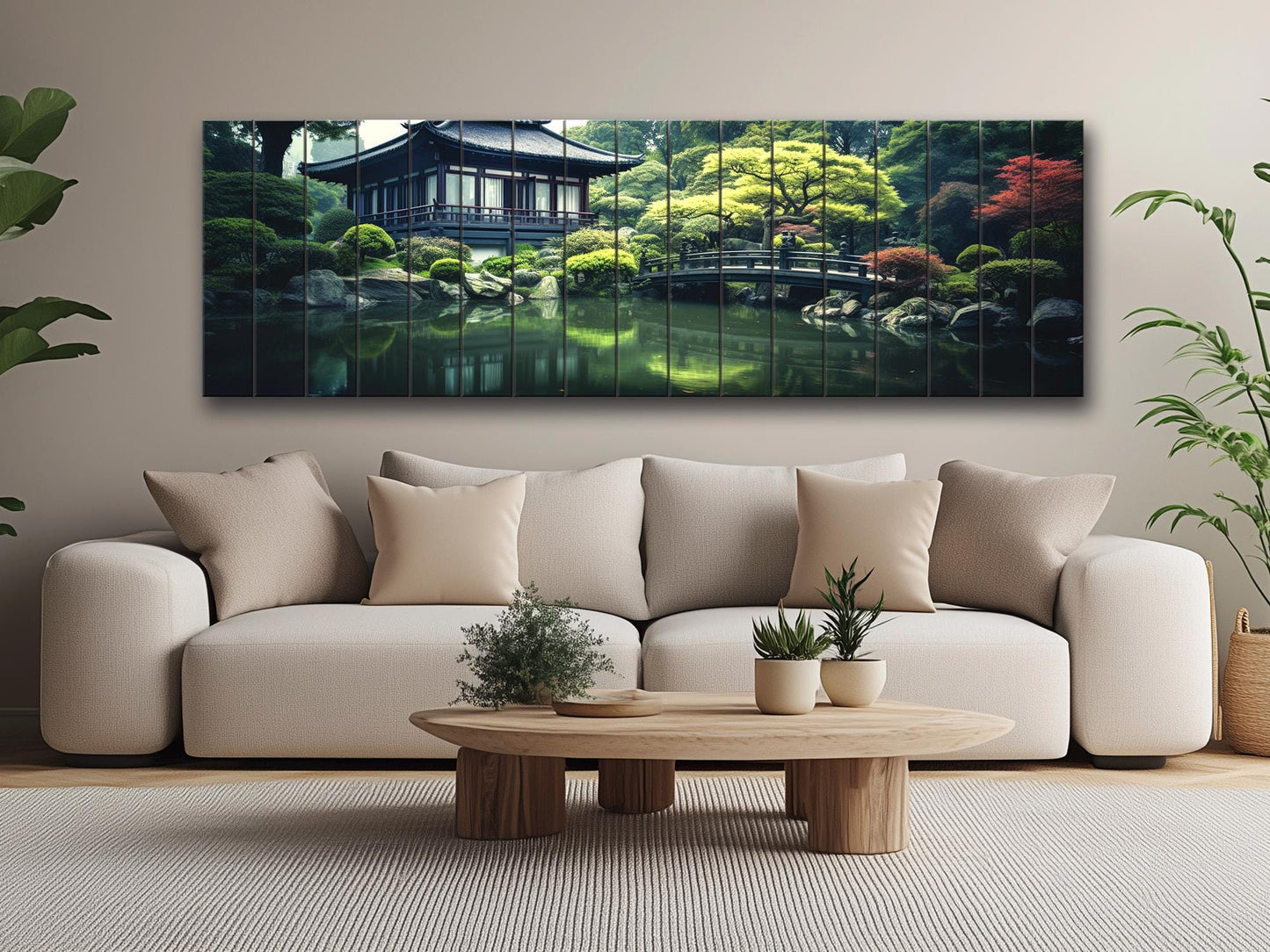 Japanese Wooden Wall Art – House by Pond Print on Natural Wood Panel