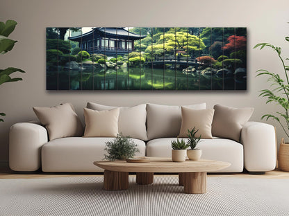 Japanese Wooden Wall Art – House by Pond Print on Natural Wood Panel