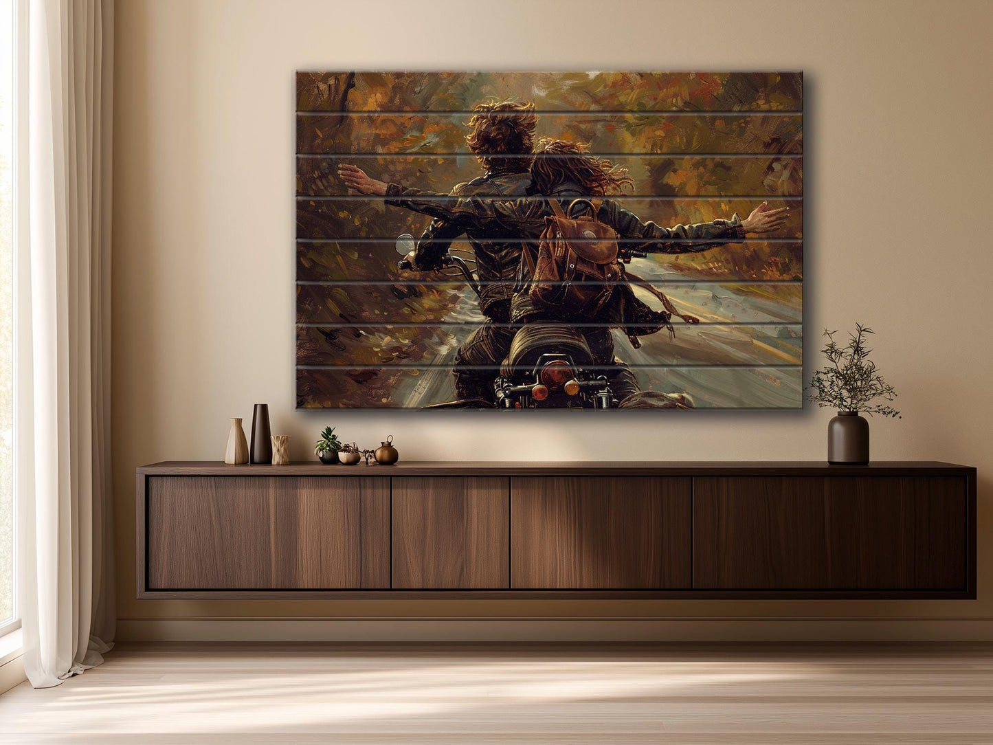 Wood Wall Art - Happy Couple on Bike Print on Natural Wood, Love Wall Art, Traveler Gift, Romantic Painting, Biker Gift, Travel Wall Art
