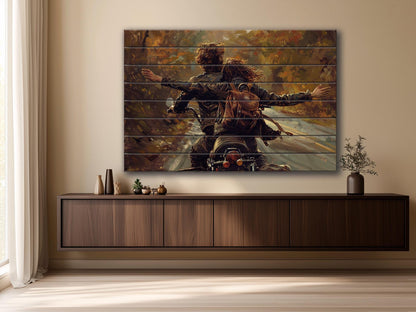 Wood Wall Art - Happy Couple on Bike Print on Natural Wood, Love Wall Art, Traveler Gift, Romantic Painting, Biker Gift, Travel Wall Art