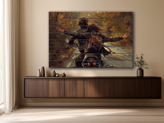 Wood Wall Art - Happy Couple on Bike Print on Natural Wood, Love Wall Art, Traveler Gift, Romantic Painting, Biker Gift, Travel Wall Art