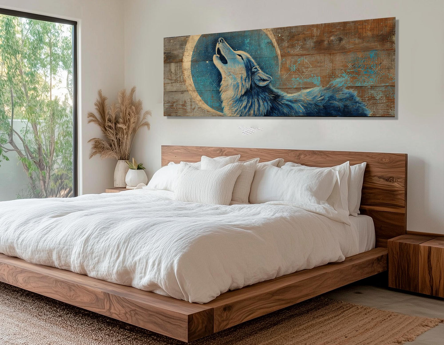 Wolf Canvas Print - Rustic Wolf Art Howling Under Crescent Moon | Framed & Ready to Hang