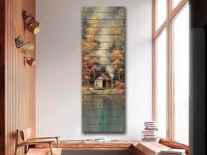 Wood Wall Art - Lakeside Fishing Cabin Wall Art – Autumn Forest Print on Wood – Cozy Lake House Decor, Rustic Natural Wall Decor